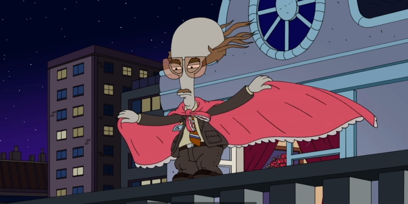 A grey bulbous-headed alien in a suit wears a pink dress as a cape and stands perched on the edge of a railing in a dark city (Roger Smith as Pete Pendelman in American dad!)