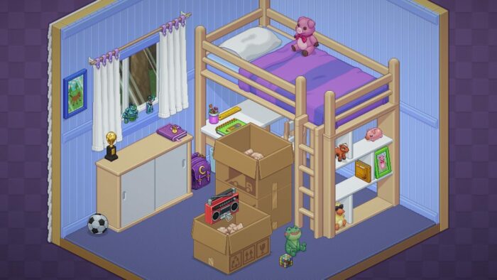 A child's bedroom, with several boxes of belongings being unpacked