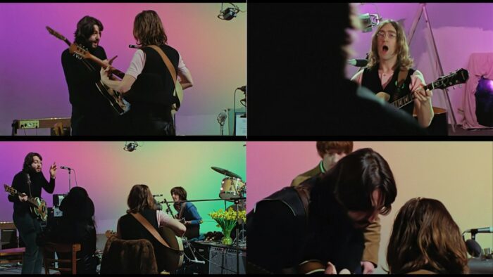 A series of images of John Lennon and Paul McCartney performing together.