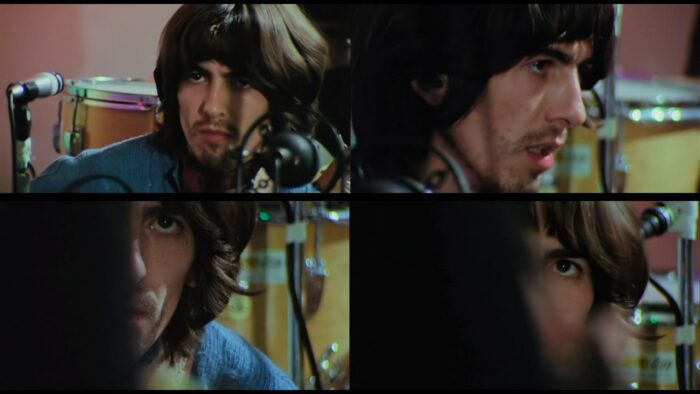 A series of close-ups depicting George Harrison during the Beatles' rehearsal of "Two of Us."