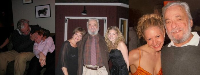 Collage of photos Left: Lauren Molina and Sondheim on a couch hugging, middle Patti LuPone, Molina, and Sondheim, right Molina and Sondheim