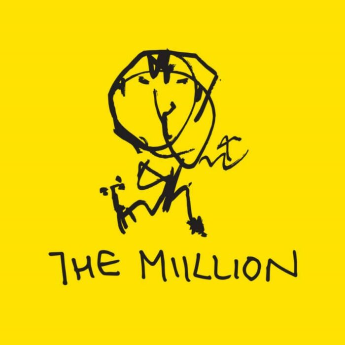 A stick figure drawn in black on a yellow background with "The Miillion" scrawled below