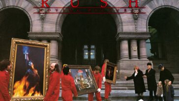 Men moving pictures on museum steps on the cover of Moving Pictures by Rush