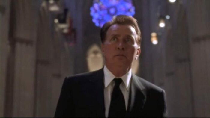 President Jed Bartlet (Martin Sheen) looks toward the camera in the National Cathedral