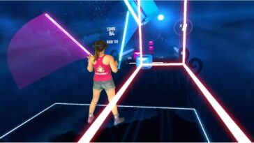 an image of a Beat Saber player wearing a virtual reality headset playing Schemata Theory's 'New Vision'
