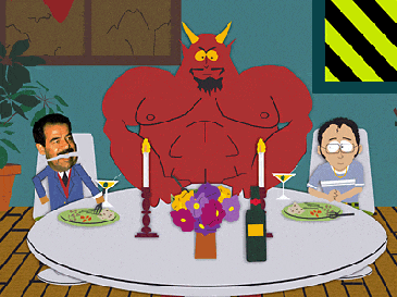 Satan sits at a dinner table, with Saddam Hussein on one side of him, and his boyfriend Chris on the other