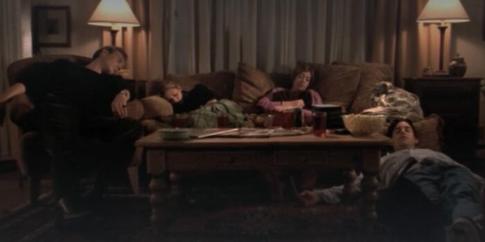 Buffy and her friends all lay asleep o the couch after watching a movie