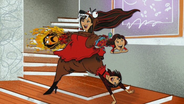 An animated Zoe with bear form, rage for an arm, and other personas as the other arm and leg