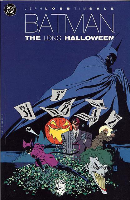 Batman holds his cape as calendar dates fly and there is a jack-o-lantern along with drawings of villains on the cover of Batman: The Long Halloween