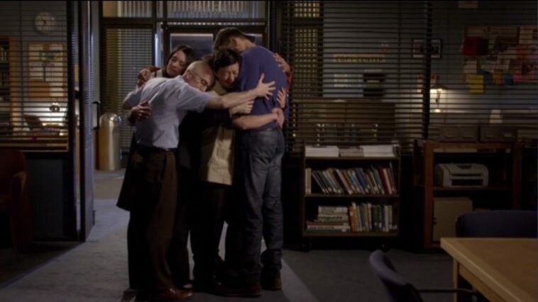 The study group shares a final hug in the Community finale