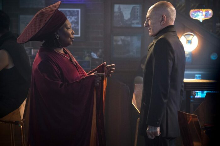 Guinan and Picard meeting in her 10-Forward bar