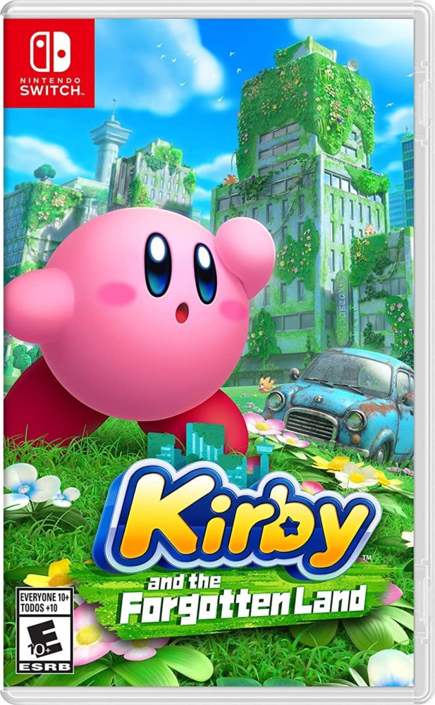 Kirby on the cover of the Kirby video game, with a building in the background