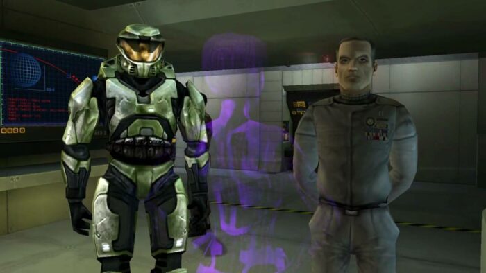Master Chief and Captain Keyes face Cortana on the deck of The Pillar of Autumn.