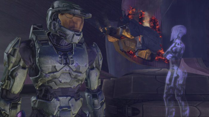 Master Chief and Cortana face each other on High Charity while a crashed ship burns in the background.