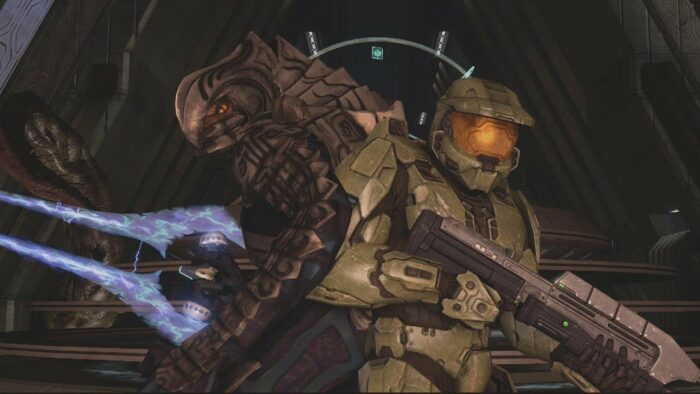 Master Chief and The Arbiter stand back to back, weapons drawn, as the Gravemind's tentacles rise up around them.