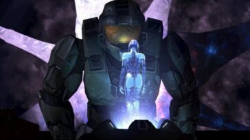 Master Chief and Cortana face each other on a spaceship as the exploding Ark looms in space behind them.