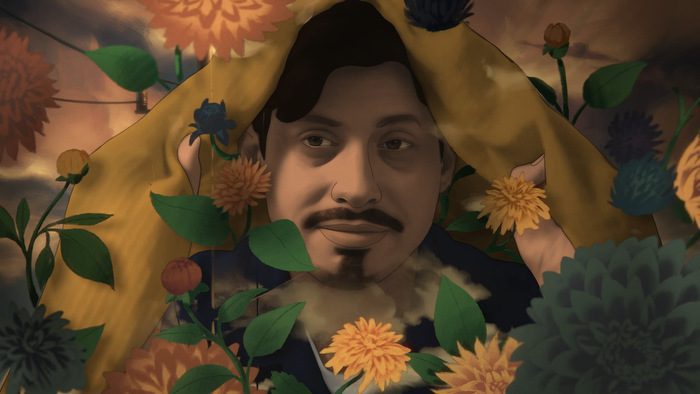 Alejandro's face surrounded by flowers, in a way that resembles something like a Frida Kahlo painting