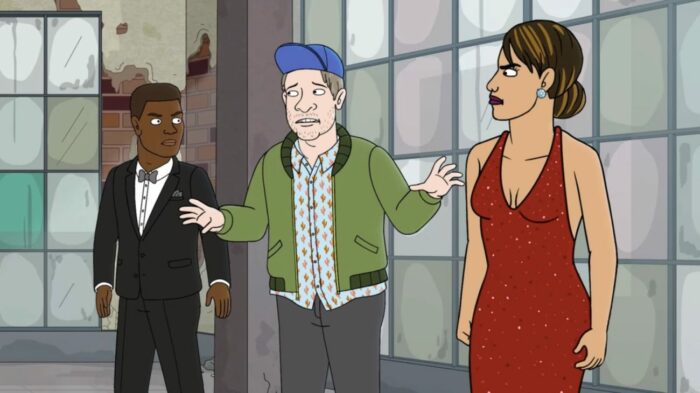 Gina stands on the far right in a red dress, being berated by her two male coworkers (left).
