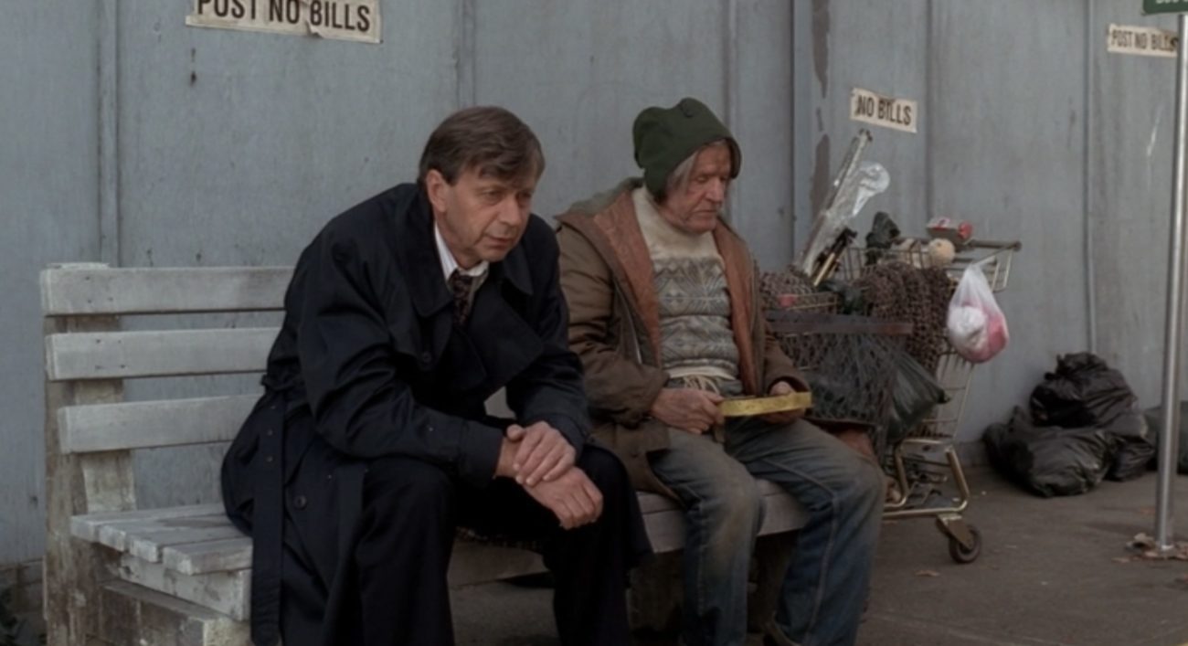 Cigarette Smoking Man on bench with homeless man in the X-Files