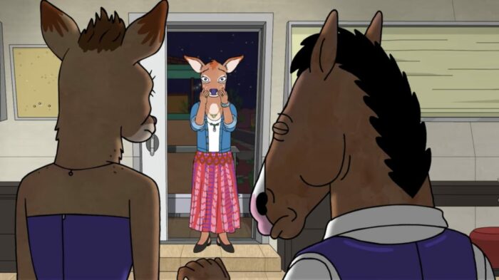 Charlotte stands between BoJack and Penny, confronting them in his bed.