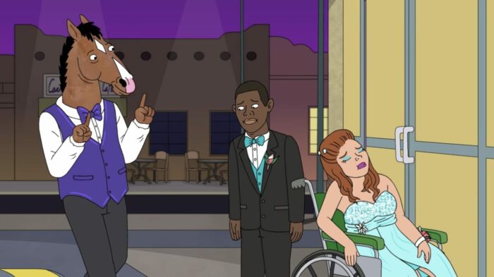 BoJack, Pete, and Maddy outside the ER. BoJack is in a purple prom tux, Maddy is passed out in a wheelchair.