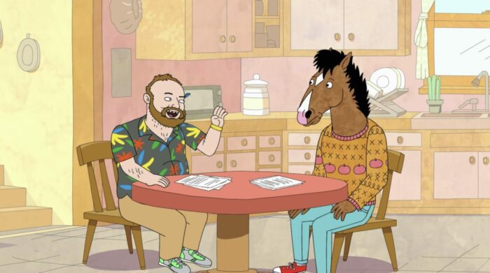 Herb Hazzaz and BoJack sit on the Horsin' Around set kitchen and talk.