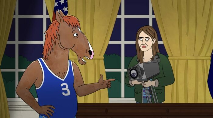 BoJack in costume as Secretariat stands in the Nixon Library with Kelsey