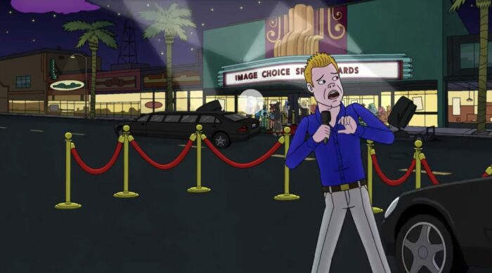 A Ryan Seacrest Type (right) reports on a red carpet as a limo crashes into him.