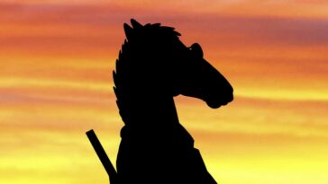 BoJack's head in silhouette, wearing sunglasses and sitting on a beach chair, backlit by the sunset.