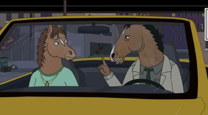 Hollyhock (left) and BoJack (right) argue in his yellow car.