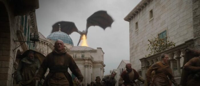 A dragon breathes fire down on Kings Landing in Game of Thrones