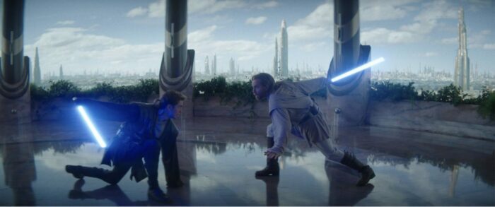 Anakin Skywalker (Hayden Christensen) and Obi-Wan Kenobi spar together during the Republic era