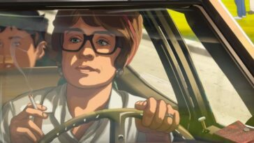 A woman on large glasses drives while holding a cigarette, in rotoscope animation, in Apollo 10 1/2