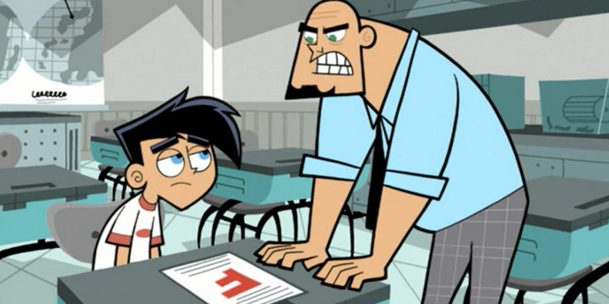 Mr. Lancer glares at a tired Danny who's sitting at a desk in a classroom with an F paper