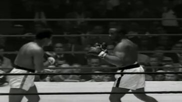 Sonny Liston and Muhammad Ali square off in a boxing ring