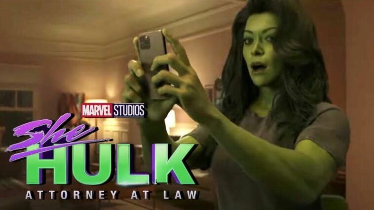 She-Hulk stands holding a phone in front of her, gasping. Below "She-Hulk: Attorney at Law"