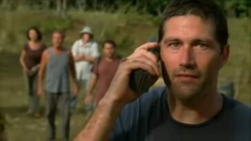 Jack holds a phone to his ear, with others in the background behind him in the Lost Season 3 finale