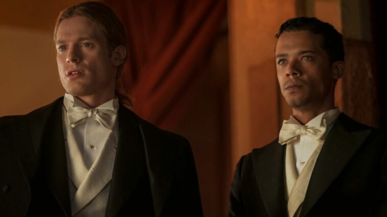 Two vampires in suits in AMC's Interview with the Vampire in a first look photo in advance of its TV premiere