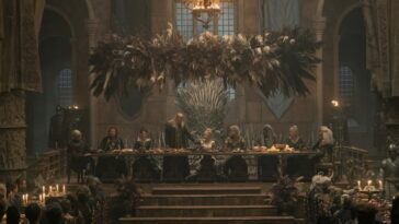 Members of the Targaryen and Velaryon family gathered at the high table in House of the Dragon S1E5