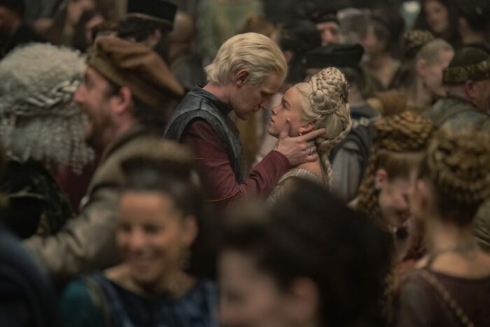 Daemon and Rhaenyra, seemingly about to kiss