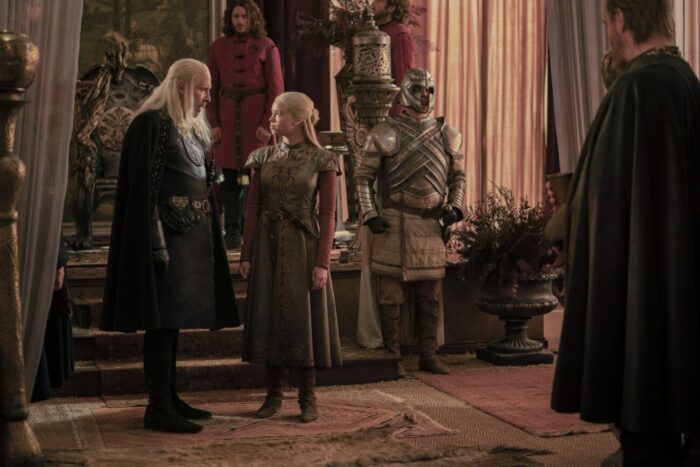 Viserys scolding Rhaneyra in front of the party guests