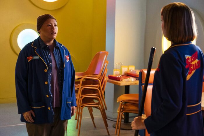 Pictured: Jacob Batalon as Reginald asking Em Haine as Sarah out on a date
