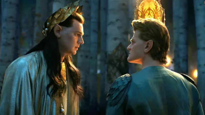 Gil-Galad and Elrond stare each other down in the golden light
