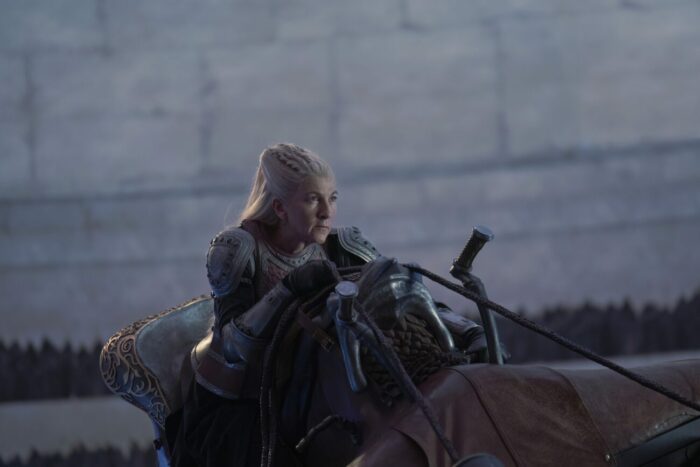 Rhaenys sitting on the back of her dragon