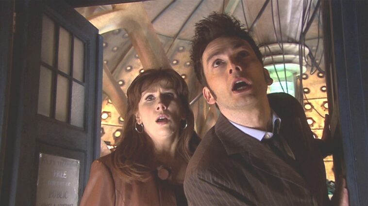 Donna Noble and the Doctor looking out of the TARDIS