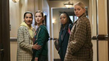 Sex Lives of College Girls S2E1 "Winter Is Coming" L-R Bela (Amrit Kaur), Kimberly (Pauline Chalamet), Whitney (Alyah Chanelle Scott), and Leighton (Renee Rapp) in the hallway of their dormitory looking shocked back towards off camera