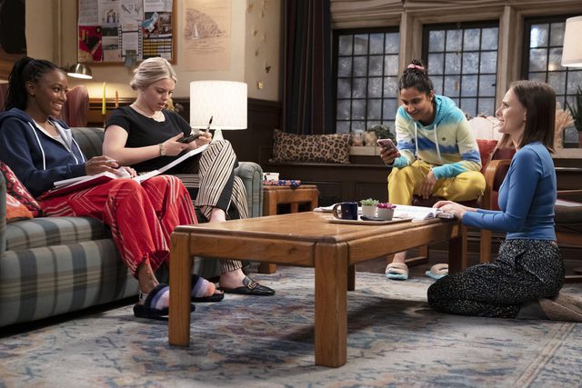 (L-R) Alyah Chanelle Scott, Renee Rapp, Amrit Kaur, and Pauline Chalamet in their dormitory living room studying