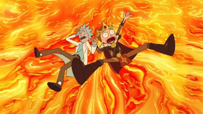 Rick and Morty fall backwards into the sun. 