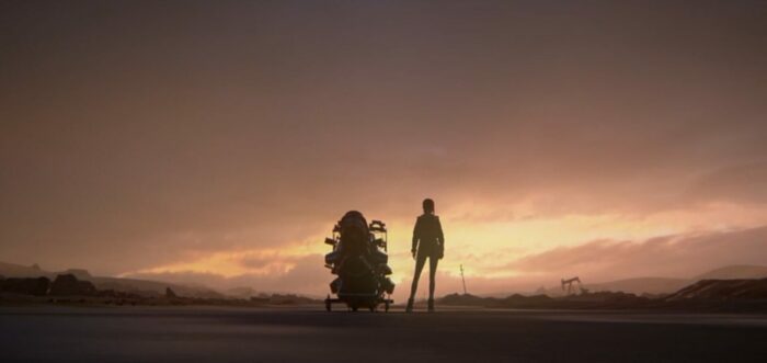 Blade Runner Black Lotus S1E13 - Elle stands in silhouette next to the skimmer cycle looking off into the sunrise
