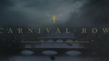 The Carnival Row logo of a fairy and the title in yellow lettering over a dark image of a bridge over water